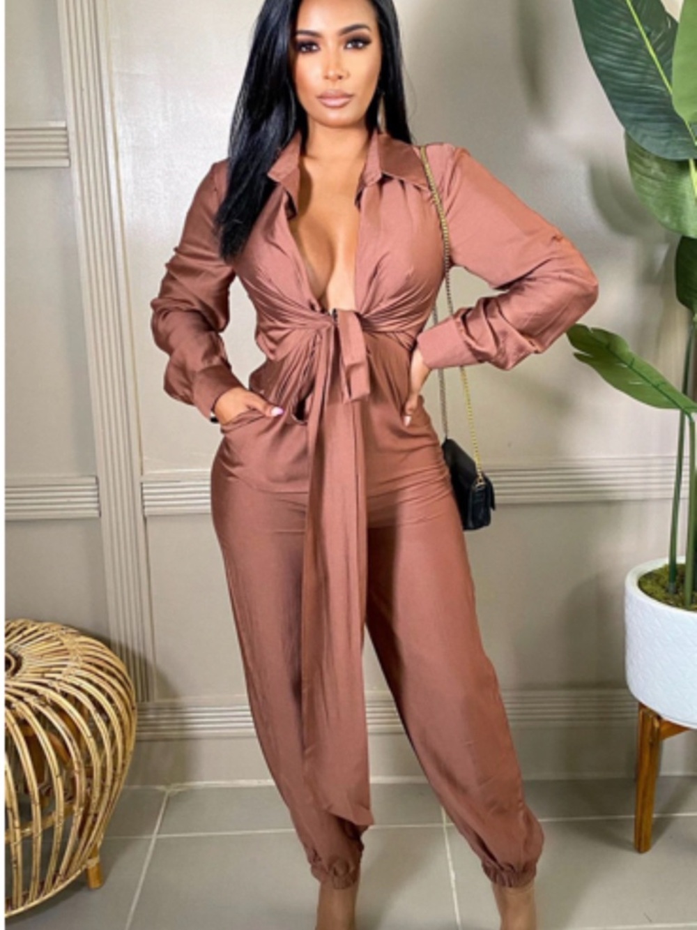 Satin Tie-Front Jumpsuit in Chestnut Brown